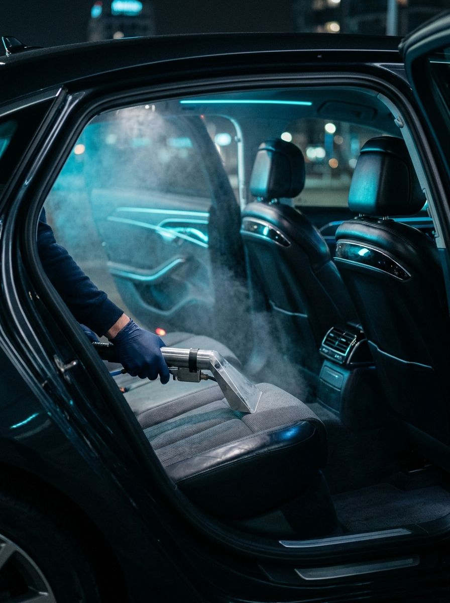 Curățarea unei banchete auto din textil, lângă scaune din piele, cu extracție și ceață de apă